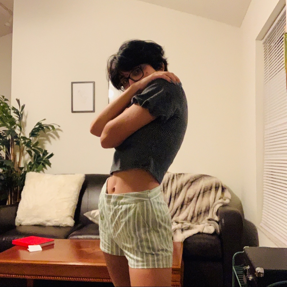 White and Green Pinstripe Shorts